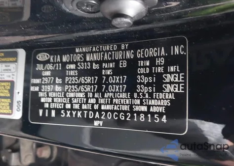 2012 Kia Sorento Lx z USA, uszkodzony, nr VIN 5XYKTDA20CG218154